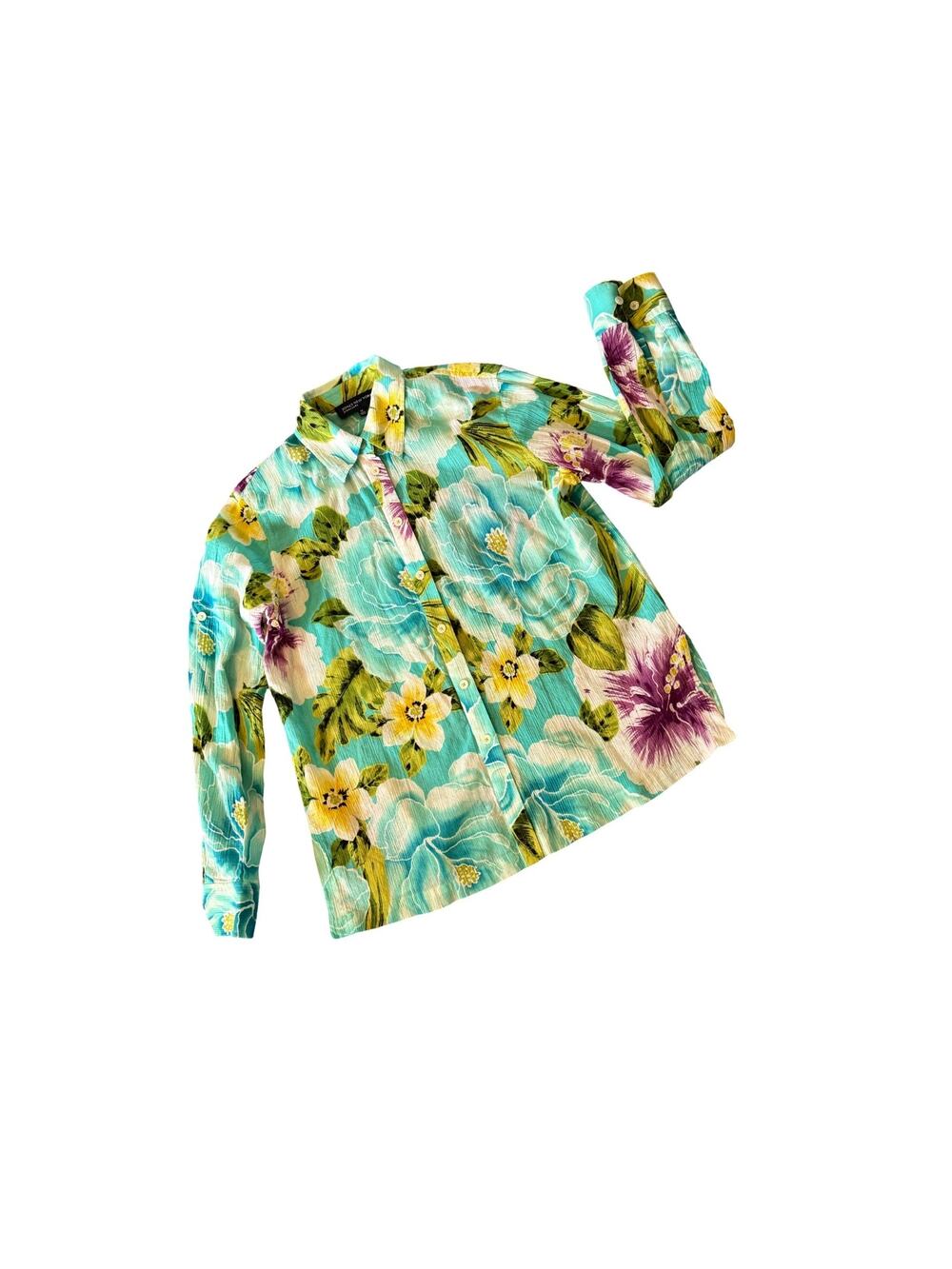 Jones NY Top Womens Size M Blue Floral Lightweight Long Sleeve Roll Tab Turquois